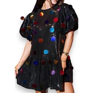 Queen of Sparkles black sequin puff sleeve rainbow paillette dress